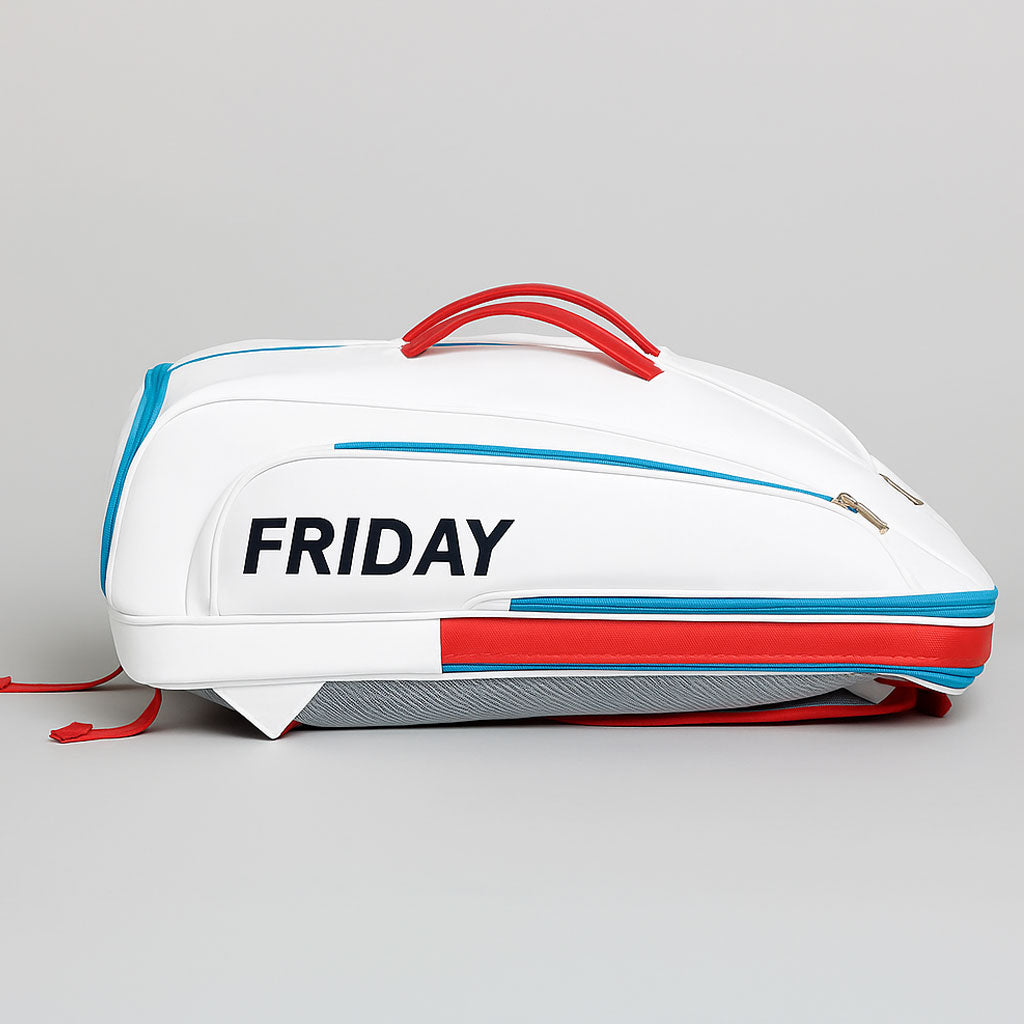 Three Friday USA Pickleball-approved paddles with colorful designs displayed on an orange background.