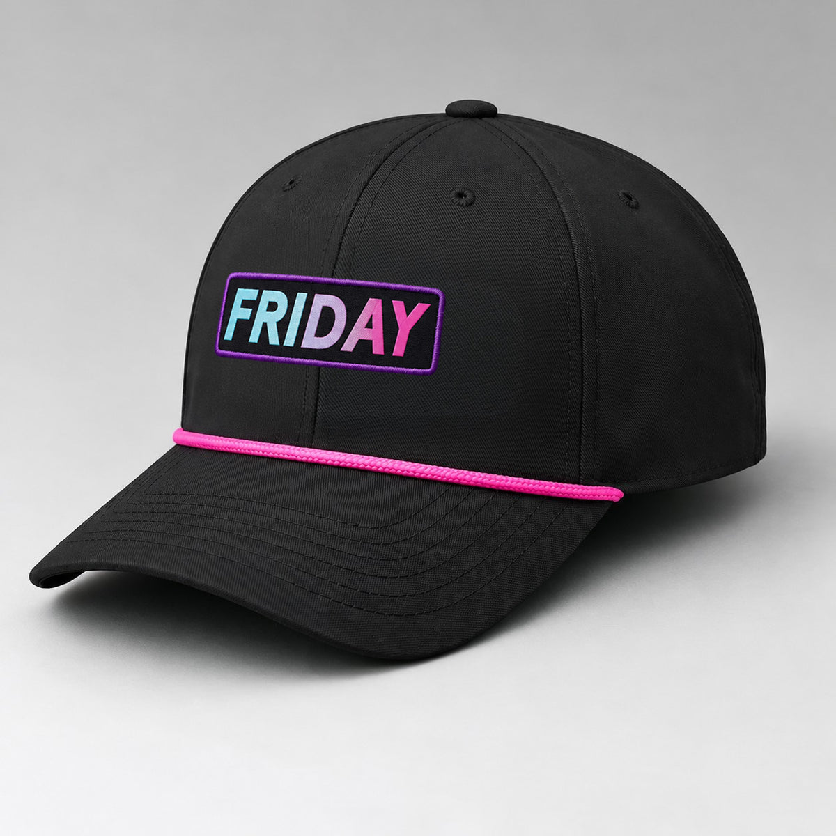 Black fabric hat with a pink rope cord and a rectangular FRIDAY patch in blue and pink gradient text.