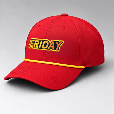 Red fabric baseball hat with a yellow rope detail and FRIDAY embroidered in yellow and black on the front.