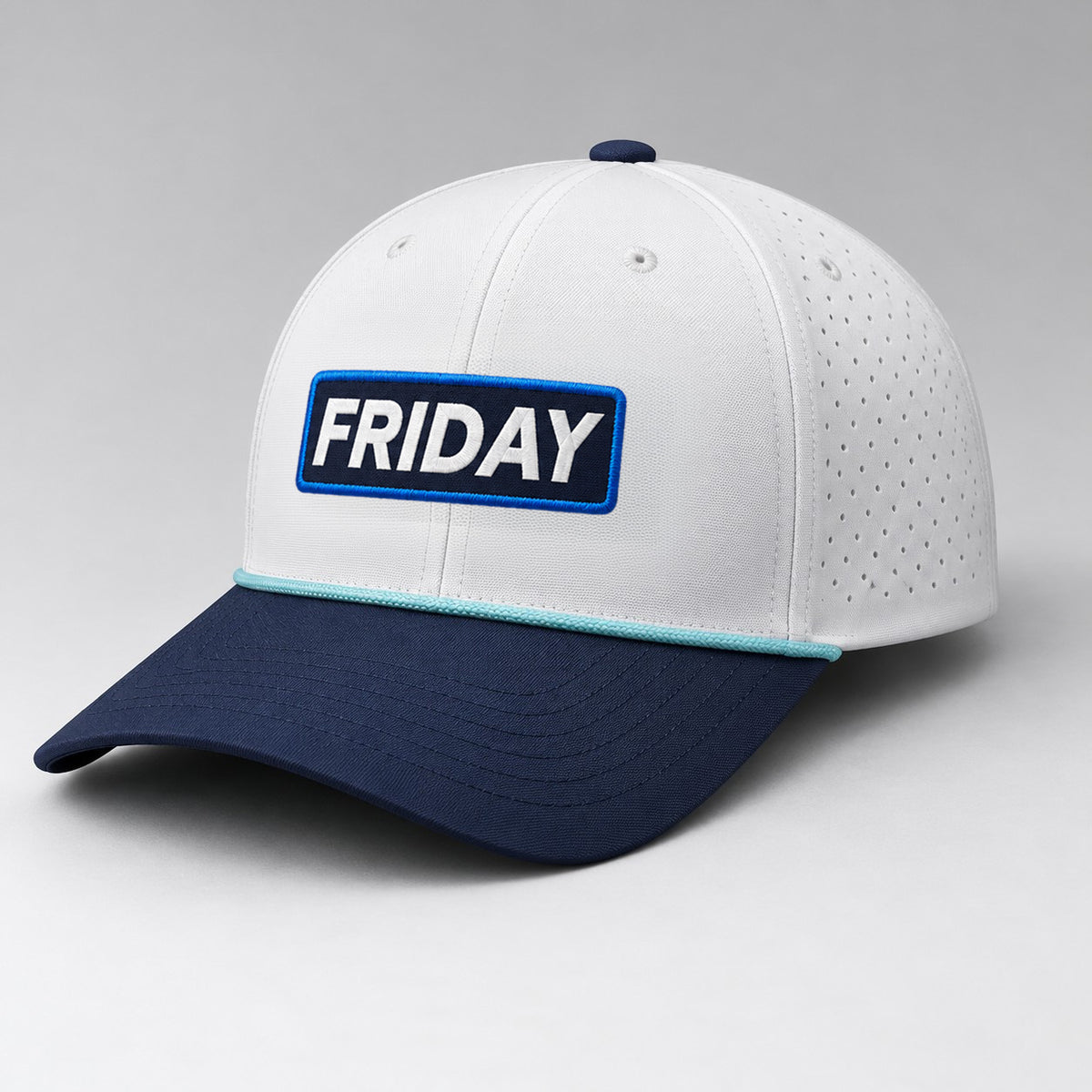 White and navy fabric hat with a FRIDAY patch, light blue rope detail, and perforated side panels.